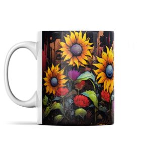 Vibrant sunflowers and florals in yellow, red, and purple on a dark background ceramic mug with a white handle