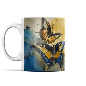 Vibrant watercolour Swallowtail butterfly mug with detailed orange, blue, and black wings on a backdrop of blues and yellows.