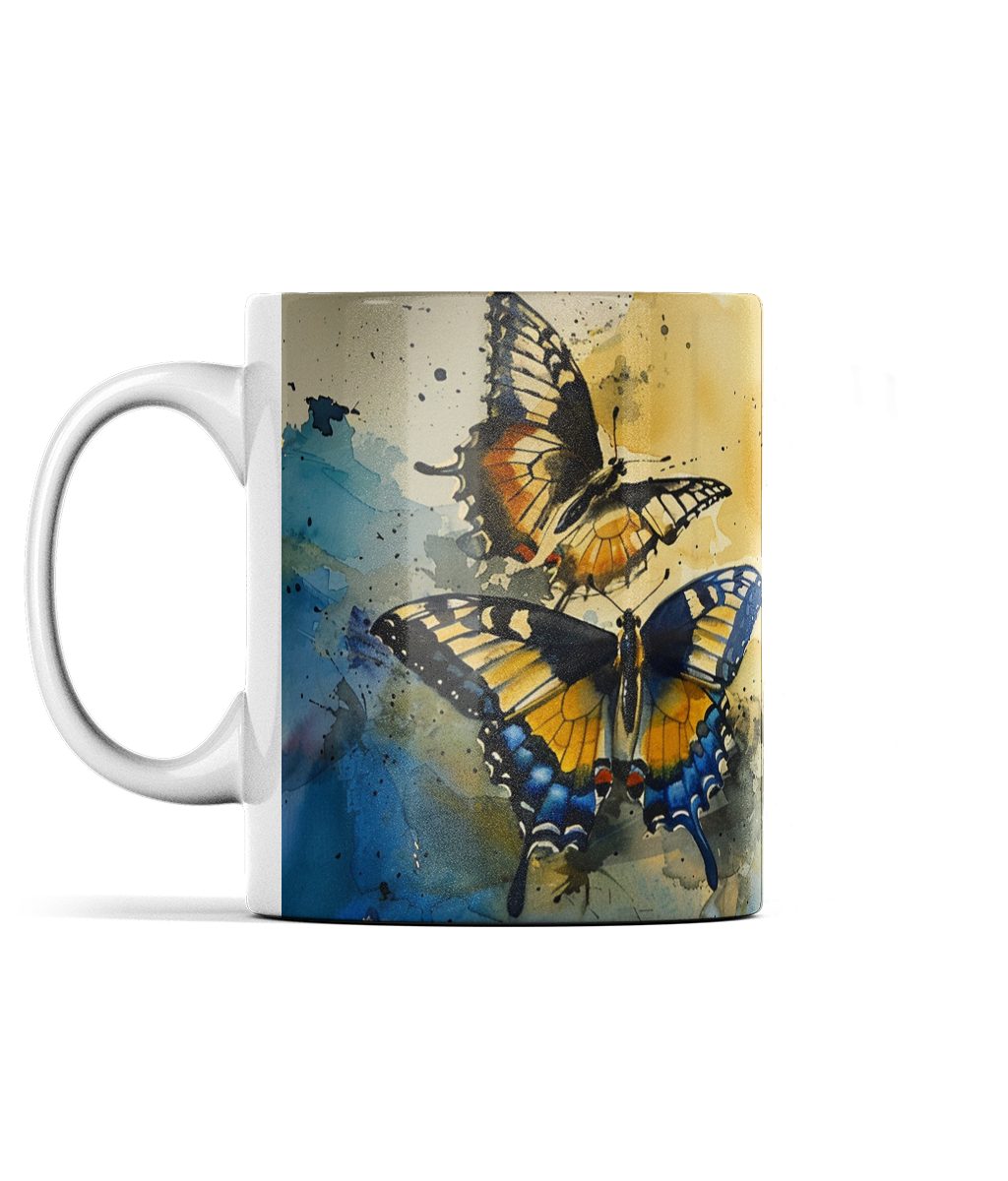 Vibrant watercolour Swallowtail butterfly mug with detailed orange, blue, and black wings on a backdrop of blues and yellows.