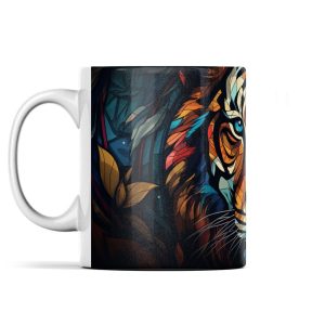 Artistically-styled tiger mug in vibrant blues, oranges, and browns.