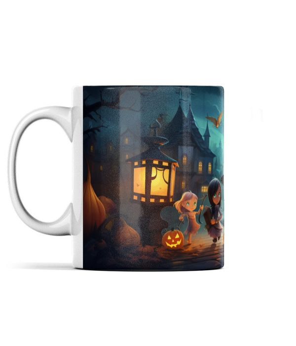 Vibrant Halloween-themed mug with two children in costumes trick-or-treating under a spooky night sky