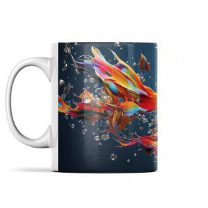 Vibrant tropical fish swimming in a sea of red, orange, and yellow against a deep blue background on a ceramic mug with a white handle.