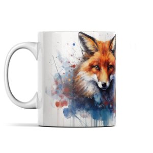 Colorful watercolour fox graphic on a white mug with splatter-style design