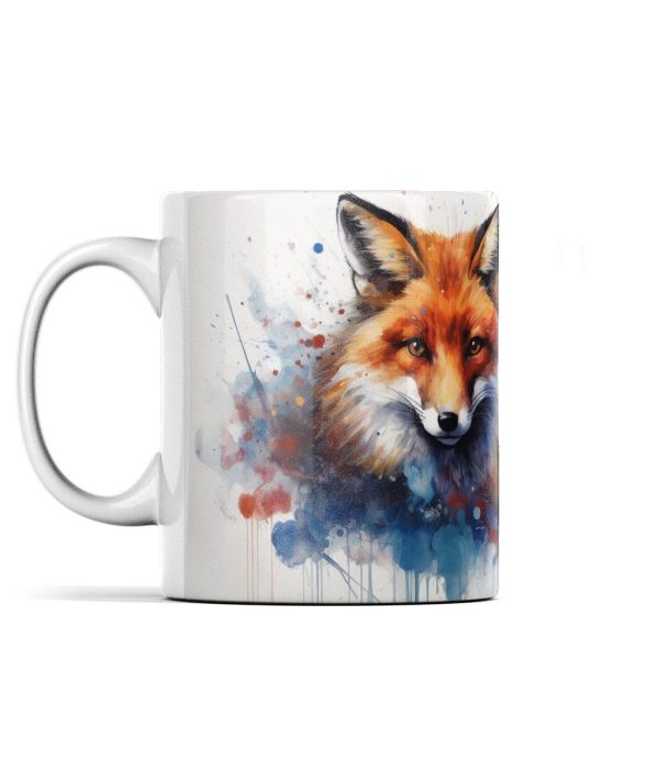 Colorful watercolour fox graphic on a white mug with splatter-style design