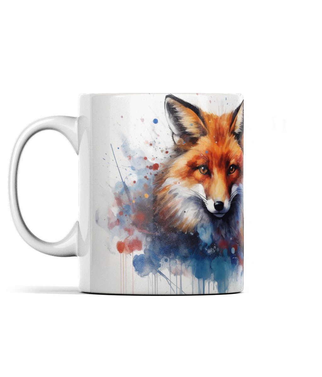 Colorful watercolour fox graphic on a white mug with splatter-style design