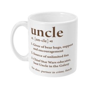 Playful ceramic white mug with a whimsical 'Uncle Definition' design in brown text, featuring endearing traits like 'Giver of bear hugs' and 'Chief Star Wars educator.'