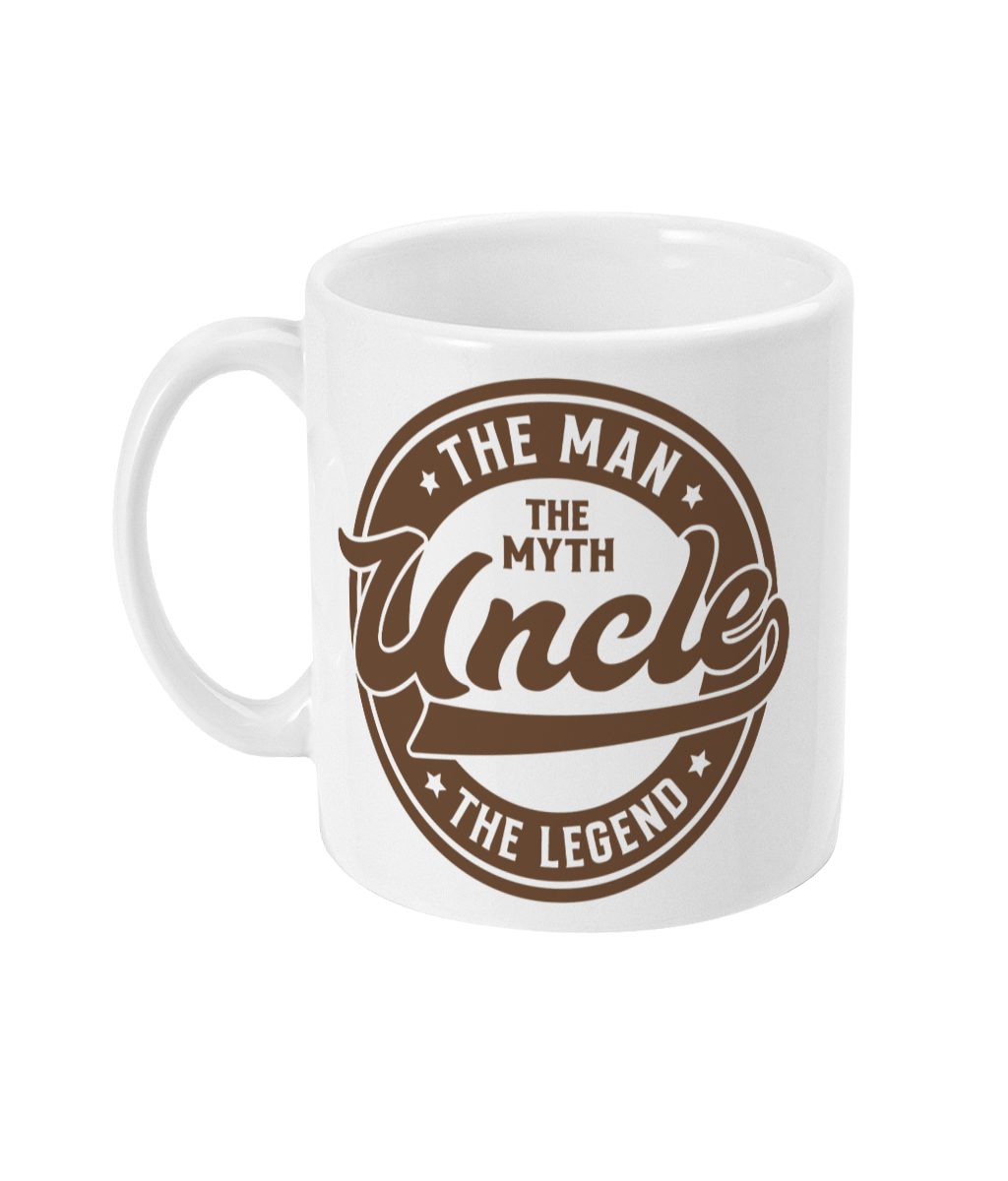 White mug with 'THE MAN THE MYTH THE LEGEND UNCLE' badge design in brown featuring stars and swirl motifs.