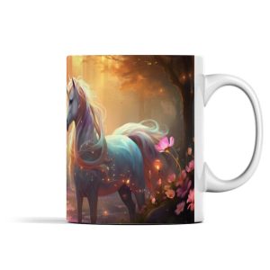 Majestic unicorn ceramic mug with enchanting forest design and blooming flowers on a sunset backdrop