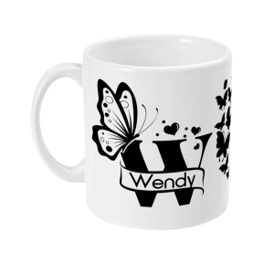 White ceramic mug with a black butterfly design and personalized name banner for Wendy.