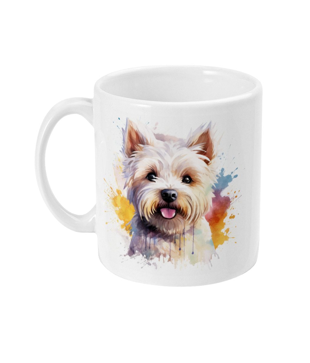 Vibrant watercolour West Highland Terrier mug with playful paint splashes