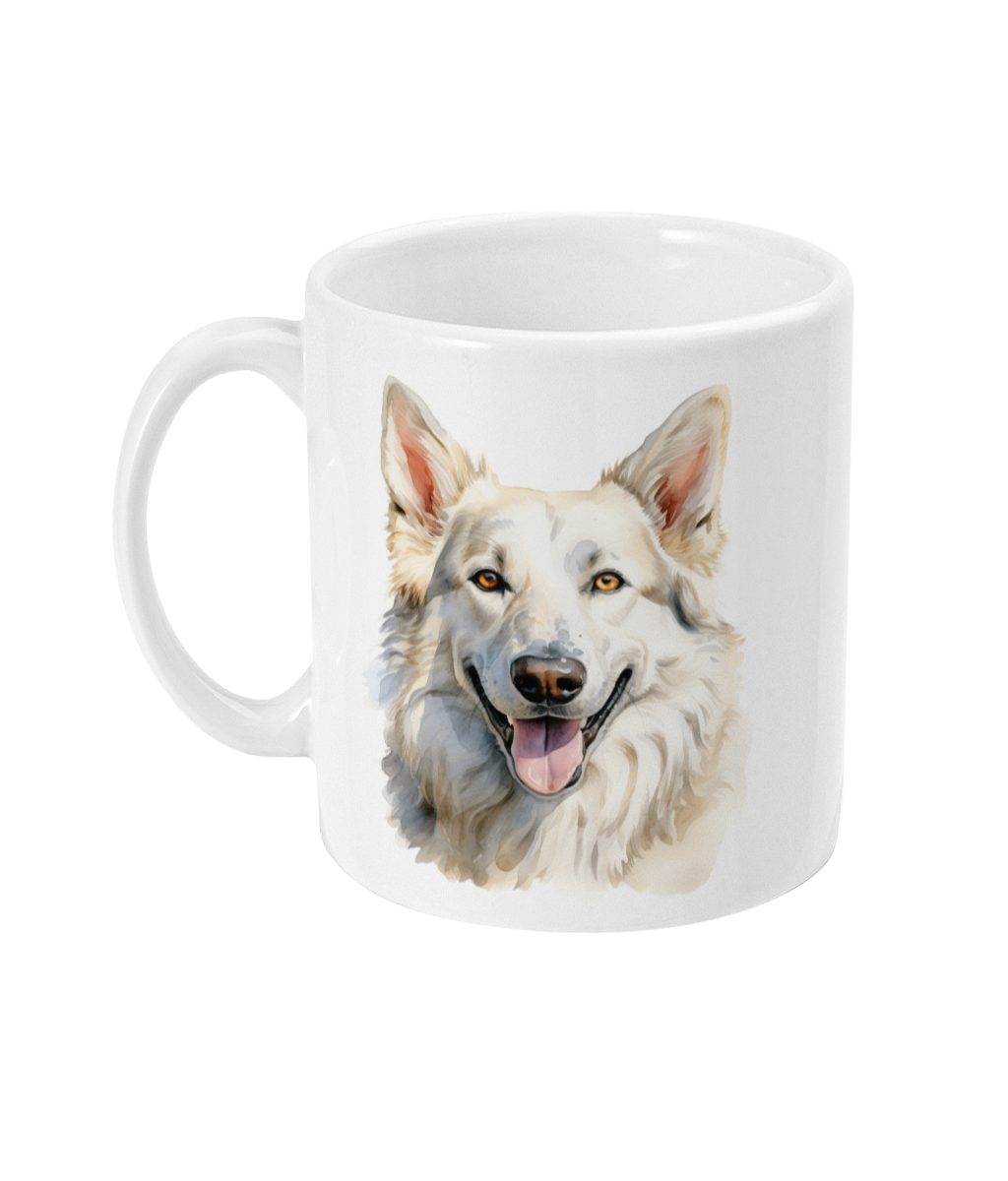 White German Shepherd Mug featuring a friendly dog with fluffy ears and a prominent smile