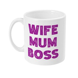 White ceramic mug with bold purple text 'WIFE MUM BOSS'