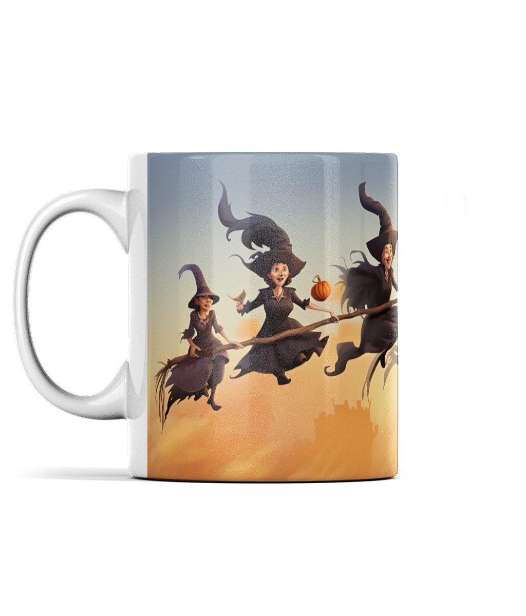 Cheerful witches on broomsticks in a whimsical Halloween design mug.