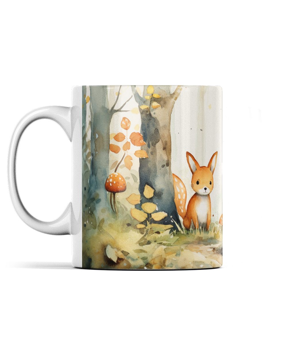 Serene woodland scene mug with fox, trees, and mushrooms in warm watercolor hues.
