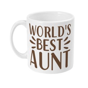 White ceramic mug with 'WORLD'S BEST AUNT' in brown letters and decorative rays