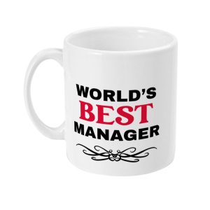 White mug with bold black and red text 'WORLD'S BEST MANAGER' and decorative line art graphic.