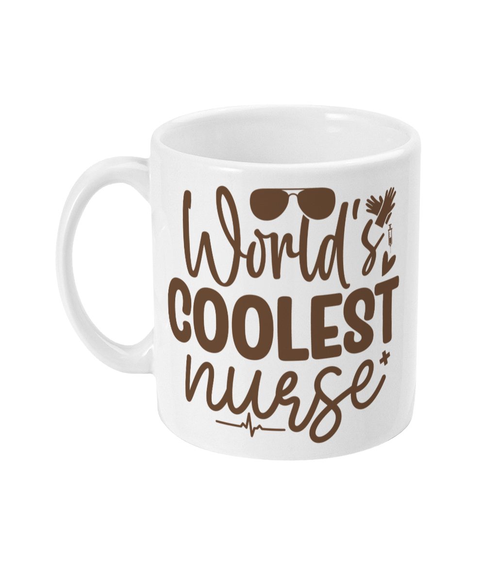 White ceramic mug with 'World's Coolest Nurse' text, sunglasses, and stethoscope details in brown font.