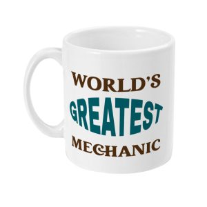 White ceramic mug with bold brown and teal blue text 'WORLD'S GREATEST MECHANIC'