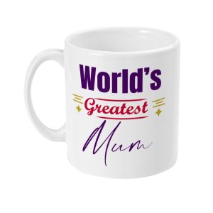 White ceramic mug with bold 'World's Greatest Mum' text in purple and red, surrounded by yellow and red decorative elements like stars and lines.