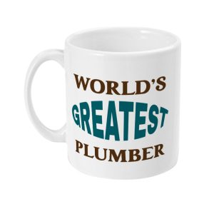 White mug with bold, multi-colored letters saying 'WORLD'S GREATEST PLUMBER'