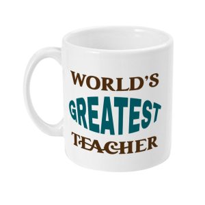 White ceramic mug with bold 'WORLD'S GREATEST TEACHER' text in brown and teal colors.