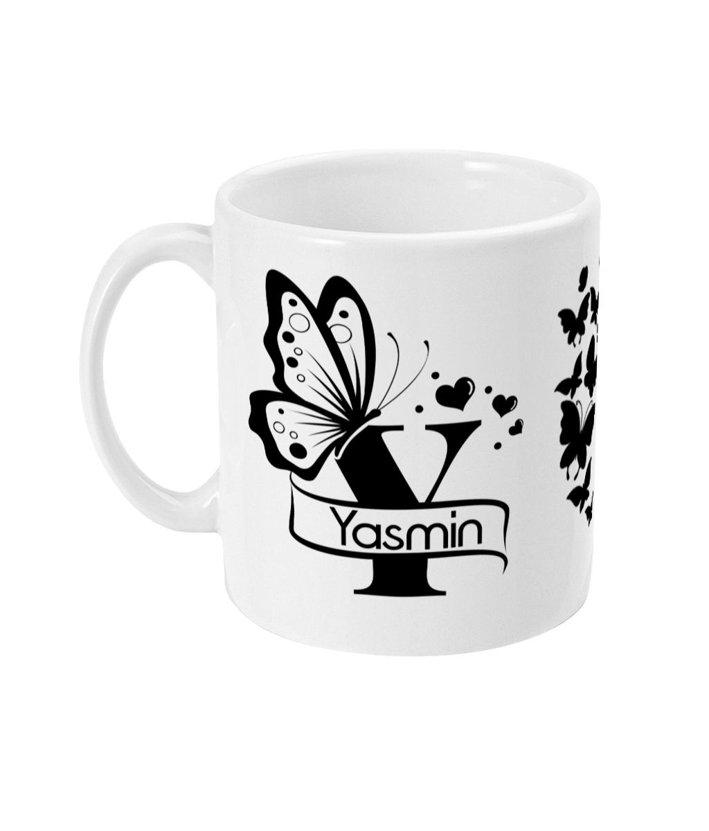 Personalised Letter Y Monogram Butterfly Mug featuring a butterfly and decorative elements with the name 'Yasmin' in an ornate banner.