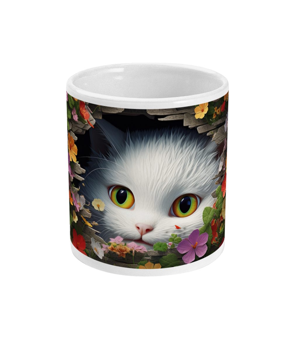 White kitten surrounded by colourful autumn leaves and flowers on a dark background mug