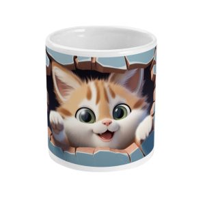 Playful orange and white kitten with green eyes peeking from a broken blue and tan eggshell on a white mug