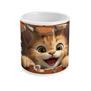 Whimsical orange tabby kitten breaking through a white surface on a mug