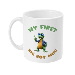 Colourful cartoon dinosaur mug with 'MY FIRST BIG BOY MUG' text, perfect for young dinosaur enthusiasts.