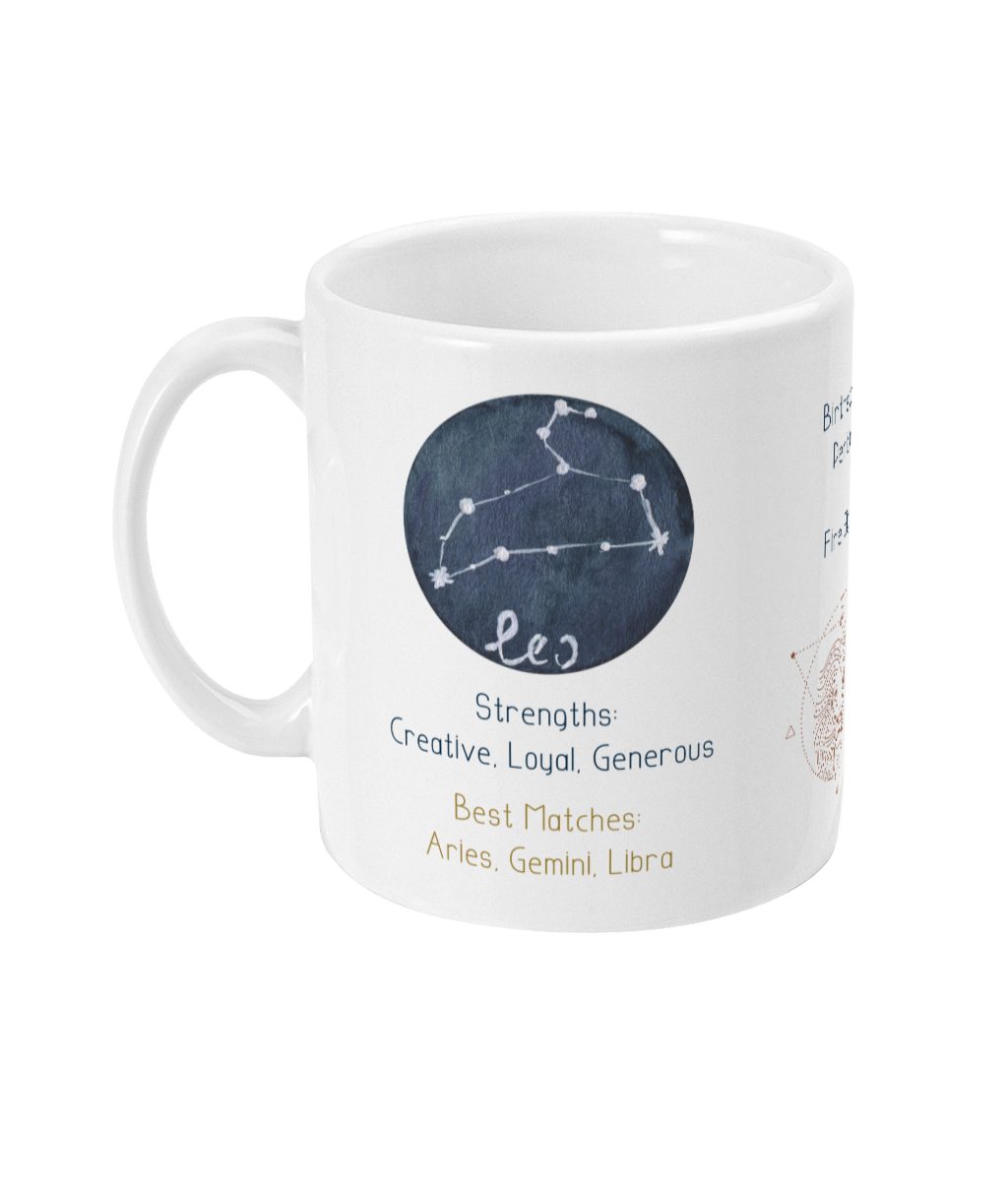 White Leo Zodiac Sign Astrology Mug with constellation diagram, traits, matches, Regulus, and Fire element details.