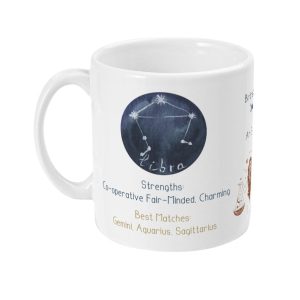 White ceramic mug with Libra constellation, zodiac sign, and personality traits prints.