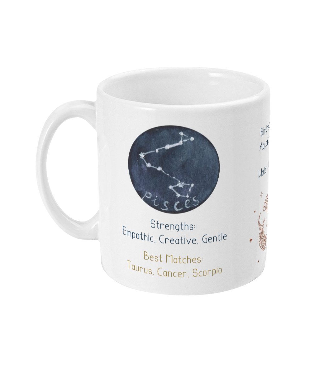 White ceramic mug featuring Pisces zodiac sign constellation and traits in dark blue and golden design.