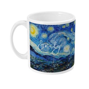 Personalized ceramic mug featuring Van Gogh's Starry Night painting with custom name 'Emily'