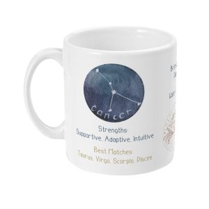 Cancer Zodiac Sign Astrology Mug depicting Cancer constellation, attributes, and compatibility details on a glossy white ceramic mug
