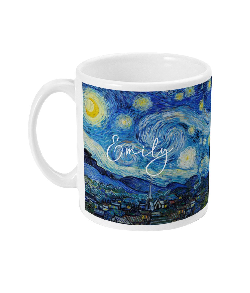 Personalized ceramic mug featuring Van Gogh's Starry Night painting with custom name 'Emily'
