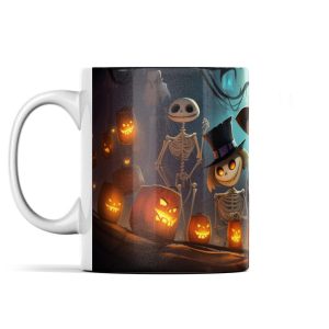 Skeletons and Pumpkins Mug featuring festive skeletons and jack-o'-lanterns in a spooky Halloween scene