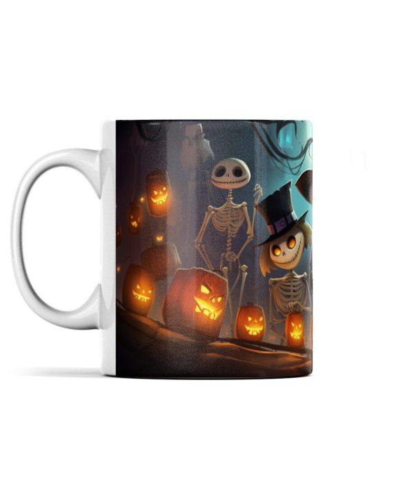 Skeletons and Pumpkins Mug featuring festive skeletons and jack-o'-lanterns in a spooky Halloween scene